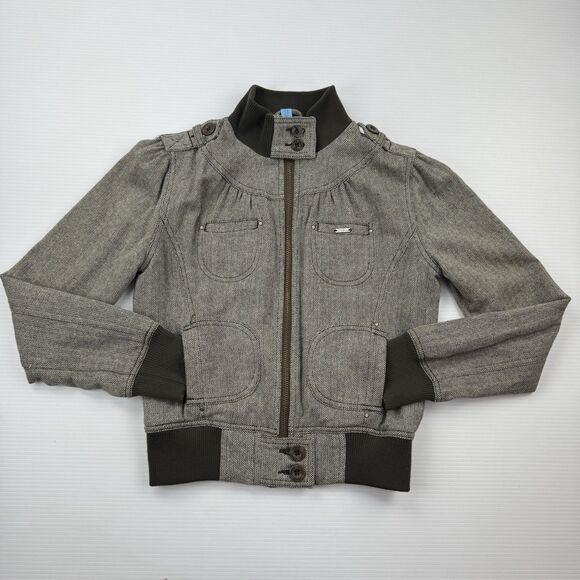 O’Neill Y2K Women’s Wool Blend Herringbone Bomber Jacket M Brown Zip Tweed - Picture 4 of 16